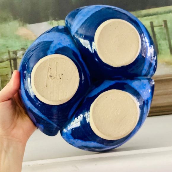 Studio Pottery Blue Glaze Triple Pinched Large Bowl Serving Dish Artist Signed - Picture 9 of 12